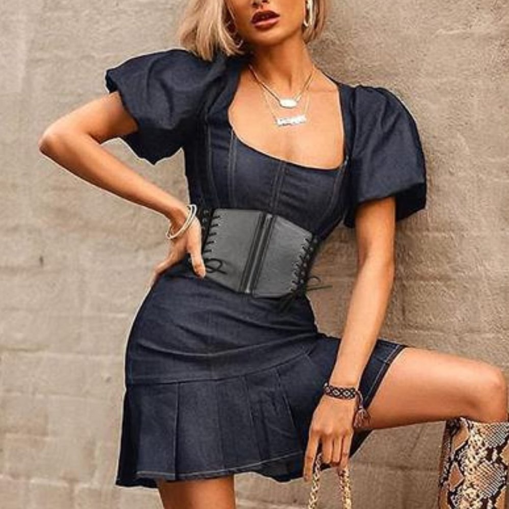 Black Faux Leather Corset Waistbelt Lace Up Elastic‎ Bustier Cincher Belt